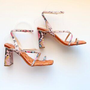 Jessica Simpson Snakeskin Toe Loop Square Toe Ankle Strap Block Heel Sandals
